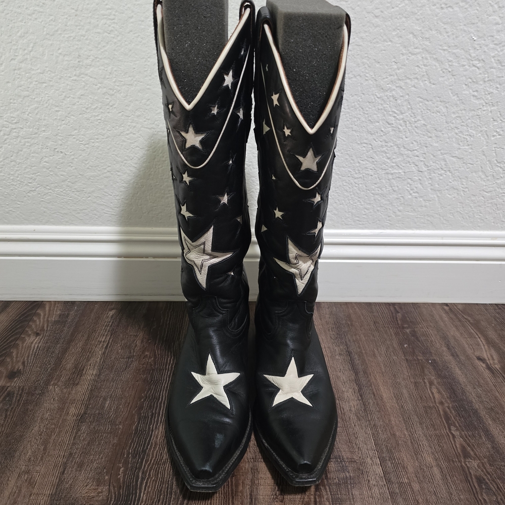Ranch And Road Genuine Leather Black and White Star Heeled Boots